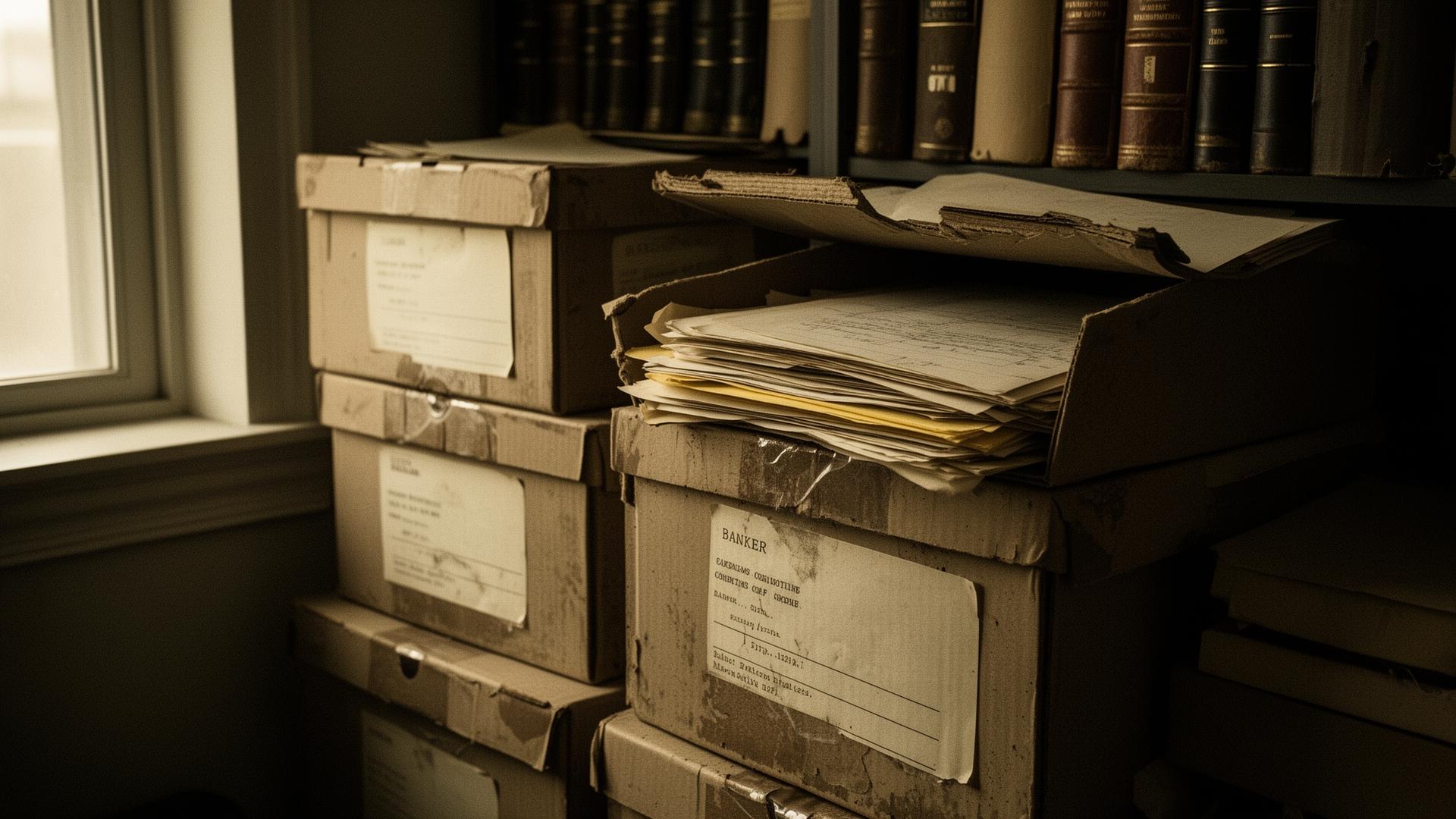 Stacks of weathered banker's boxes with aged paper documents in an archival storage room