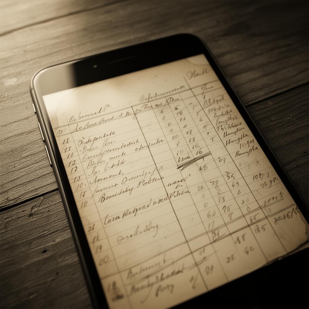 A phone photographing an aged handwritten ledger page on a wooden desk